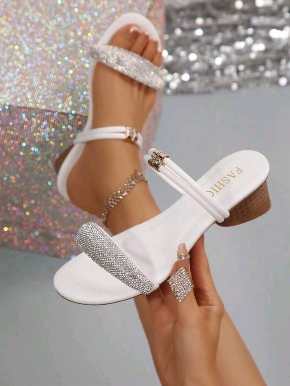 Women's Rhinestone Decor Chunky Heel Sandals, Vacation Style Fashionable